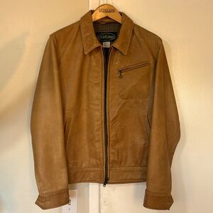 Overland Sheepskin Men leather tan brown jacket size medium